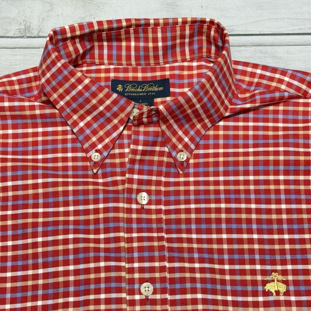 Brooks Brothers Shirt Mens Large Red Plaid Check Non Iron Supima Oxford OCBD